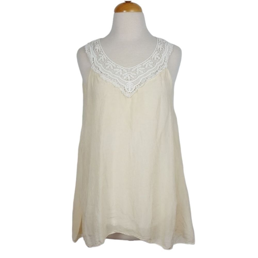Ambra Made in Italy Top Beige 100% Silk Size Small Bohemian Romantic Lag…‎